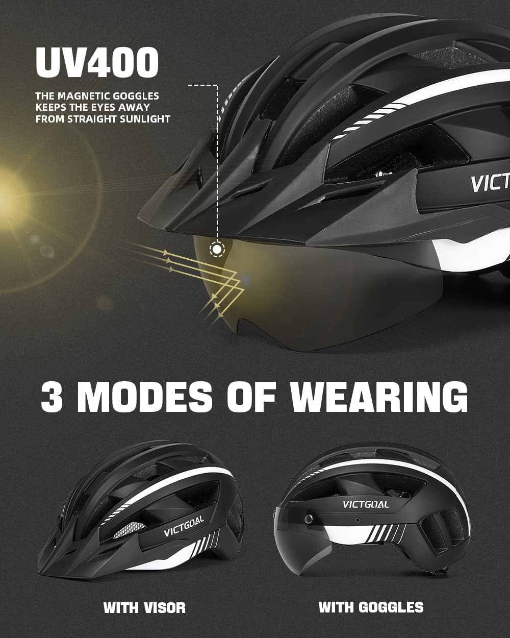 Bike Helmet for Men Women with Led Light Detachable Magnetic Goggles Removable Sun Visor Mountain & Road Bicycle Helmets Adjustable Size Adult Cycling Helmets