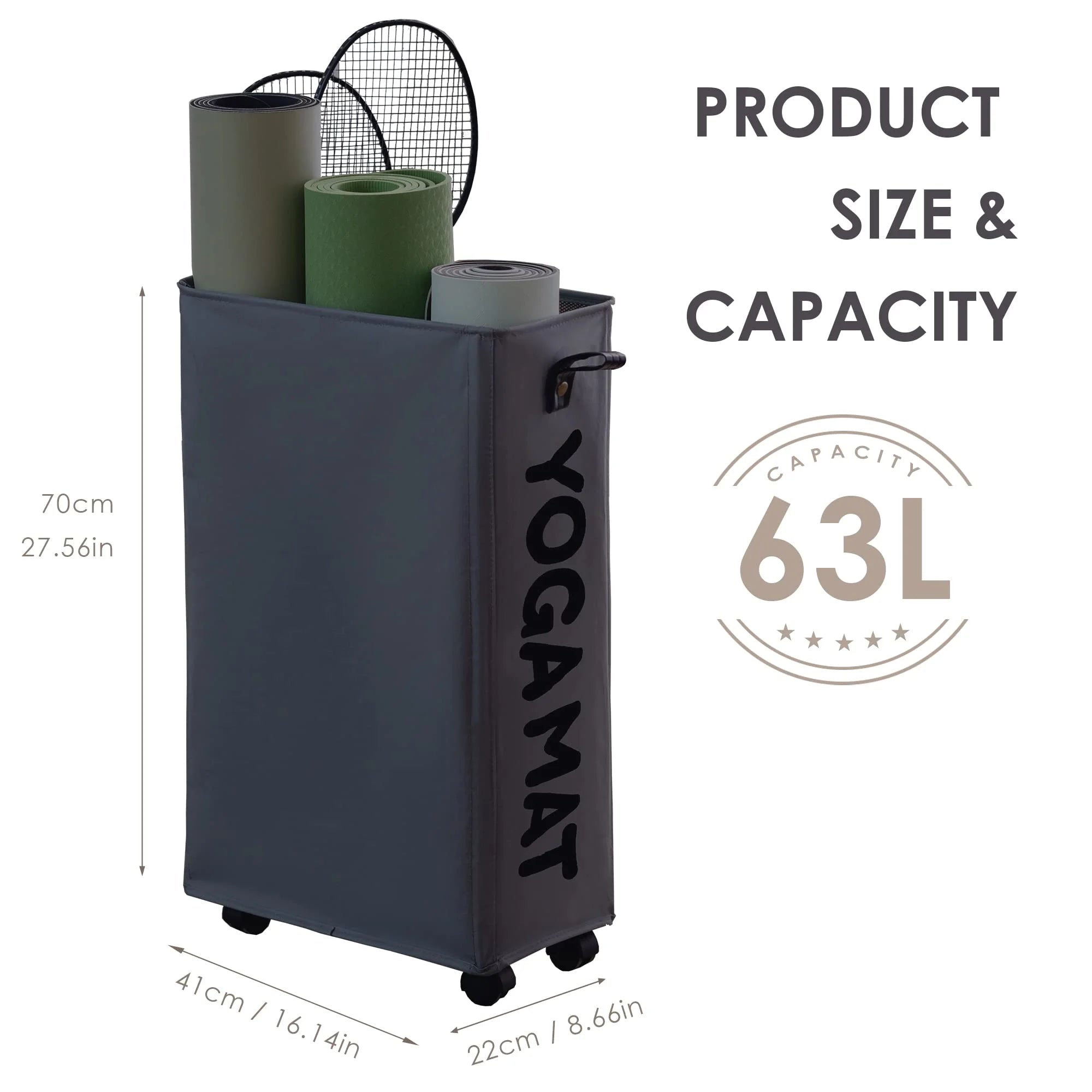 Yoga Mat Storage Rack, 27’’ Large Yoga Mat Holder Accessories, Home Gym Equipment Storage Yoga Mats, Workout Equipment Organization with Wheels, Gray