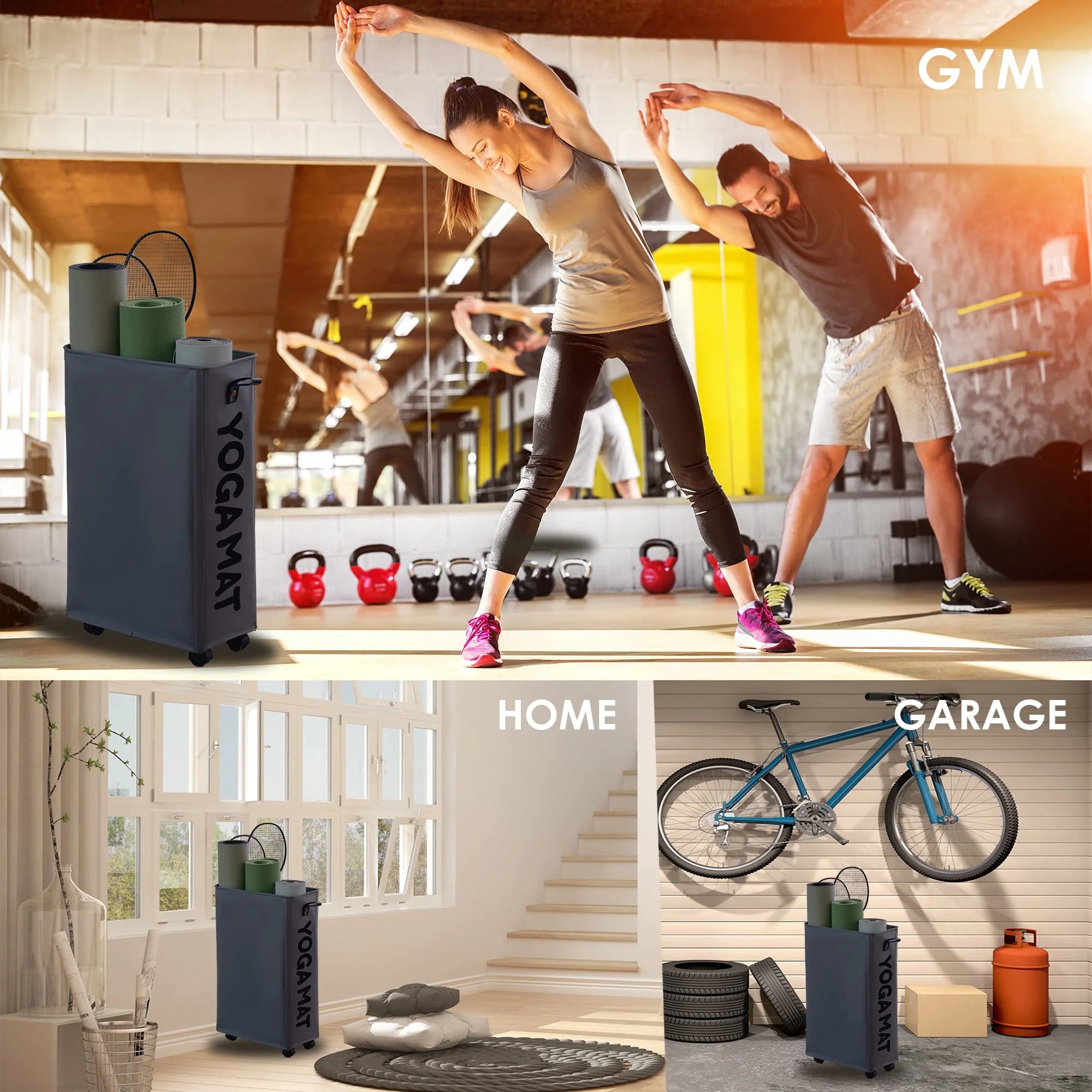 Yoga Mat Storage Rack, 27’’ Large Yoga Mat Holder Accessories, Home Gym Equipment Storage Yoga Mats, Workout Equipment Organization with Wheels, Gray