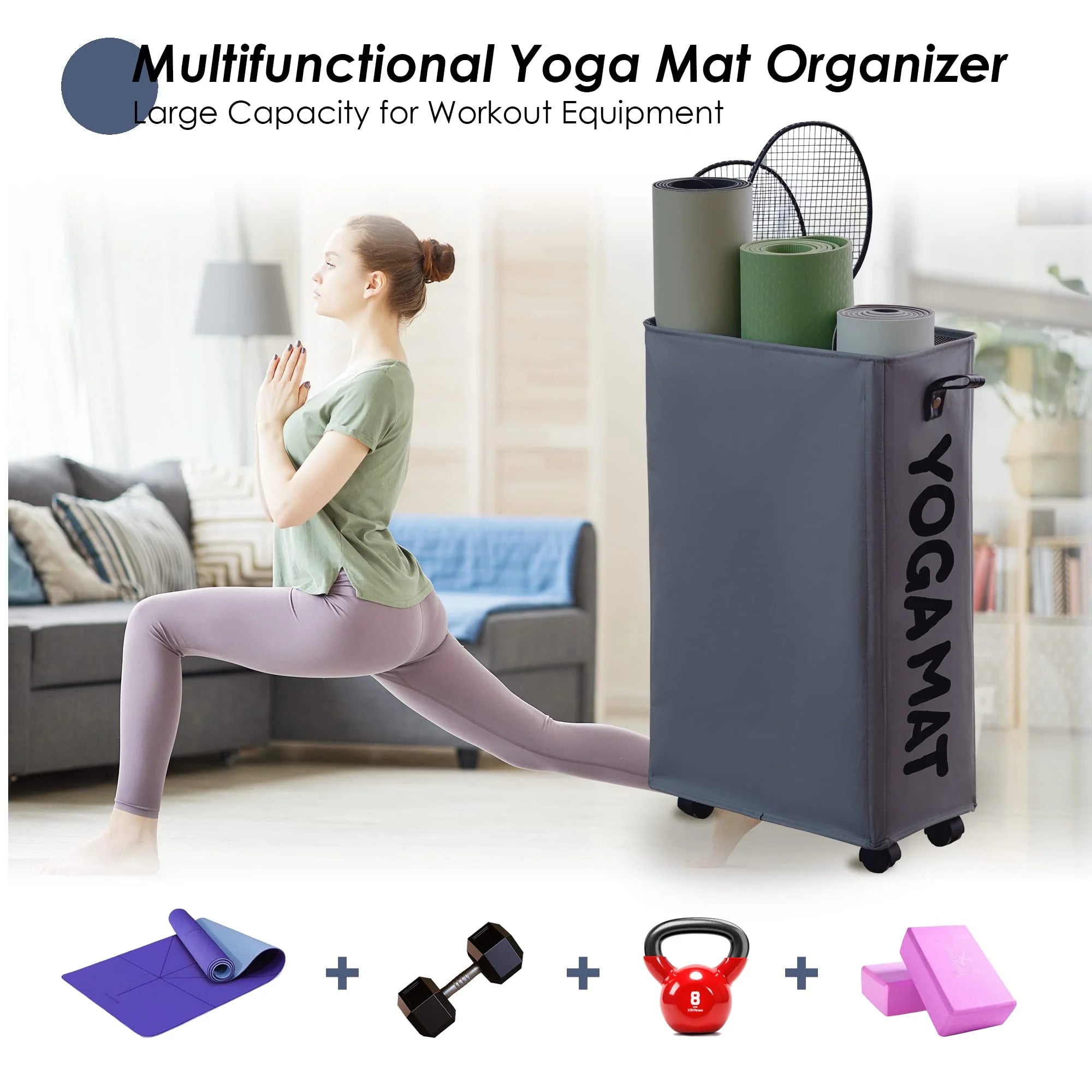 Yoga Mat Storage Rack, 27’’ Large Yoga Mat Holder Accessories, Home Gym Equipment Storage Yoga Mats, Workout Equipment Organization with Wheels, Gray