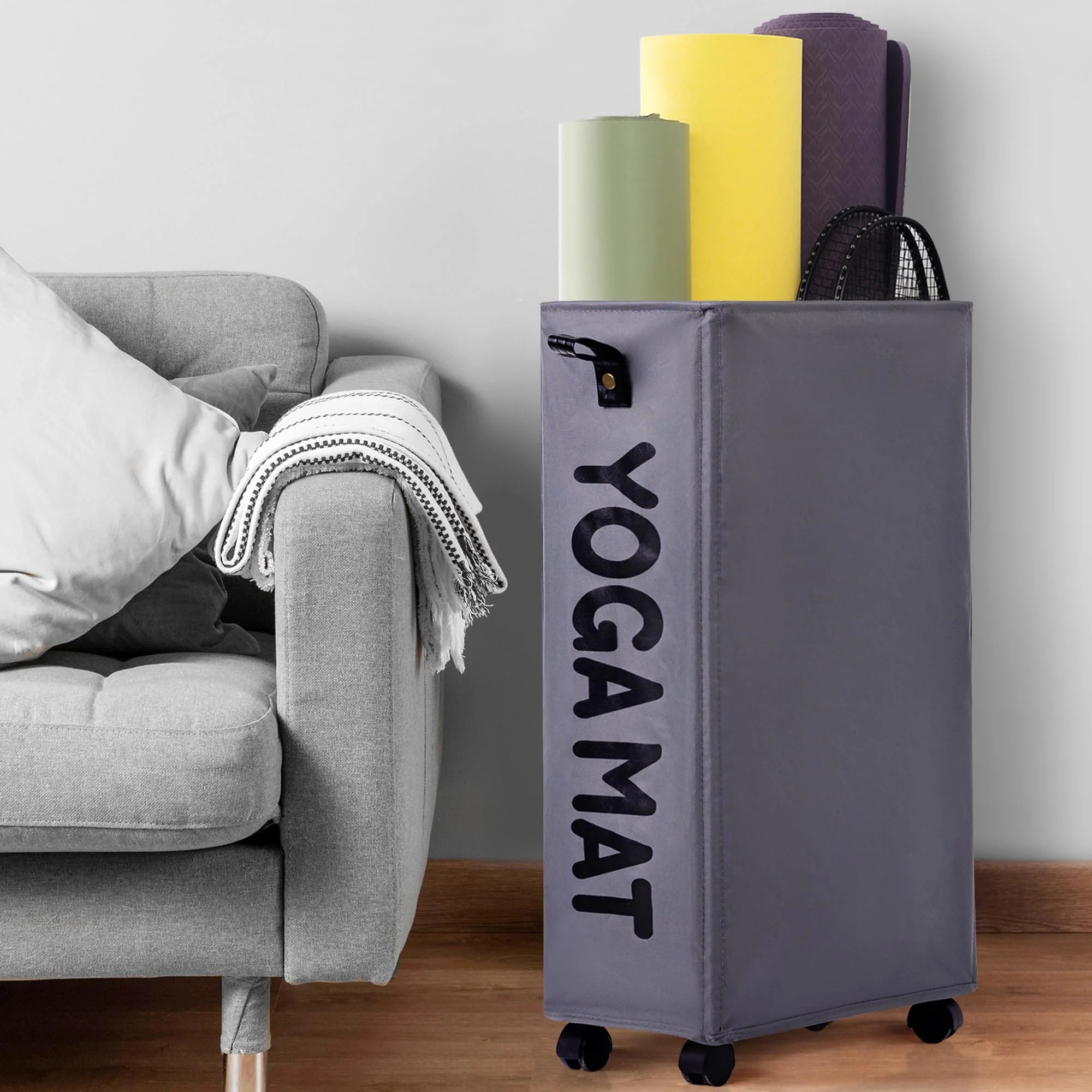 Yoga Mat Storage Rack, 27’’ Large Yoga Mat Holder Accessories, Home Gym Equipment Storage Yoga Mats, Workout Equipment Organization with Wheels, Gray